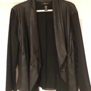 Black drape front cardigan with X black stitching